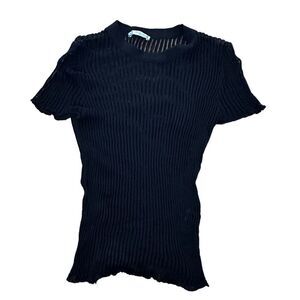 Zara Womens Black Short Sleeves Pullover Striped See Through T-Shirt Medium